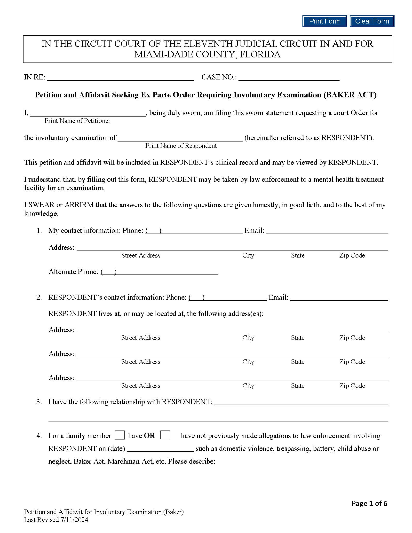 Petition And Affidavit Seeking Ex Parte Order Involuntary Examination (Baker Act) | Pdf Fpdf Docx | Florida