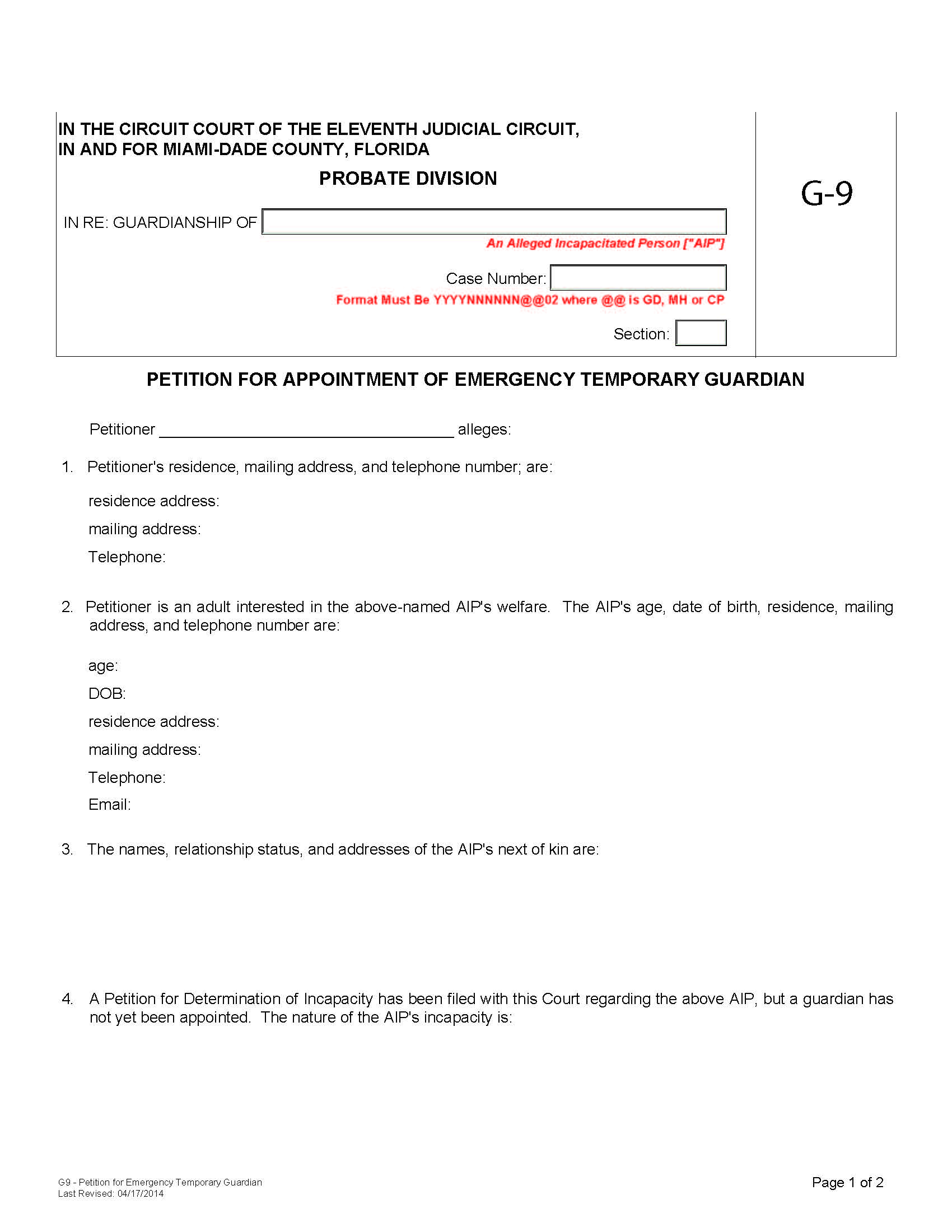 Petition For Appointment Of Emergency Temporary Guardian {G-9} | Pdf Fpdf Docx | Florida