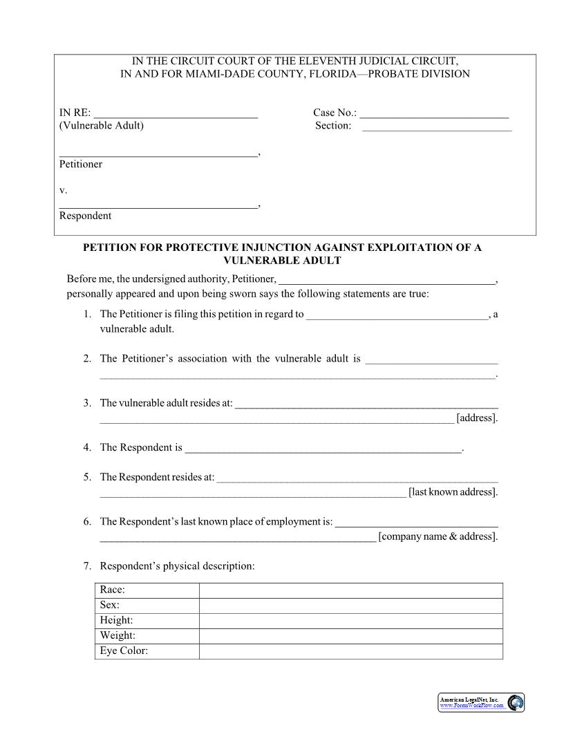 Petition For Protective Injunction Against Exploitation Of Vulnerable Adult | Pdf Fpdf Docx | Florida