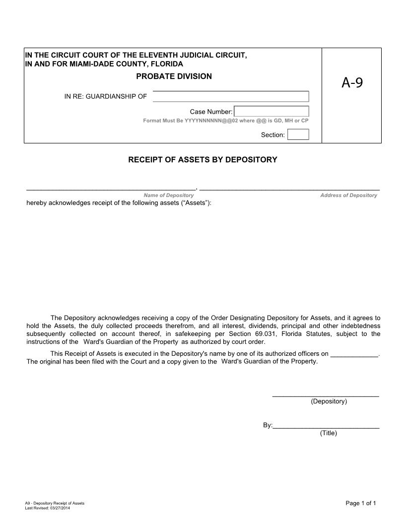 Receipt Of Assets By Depository {A-9} | Pdf Fpdf Docx | Florida