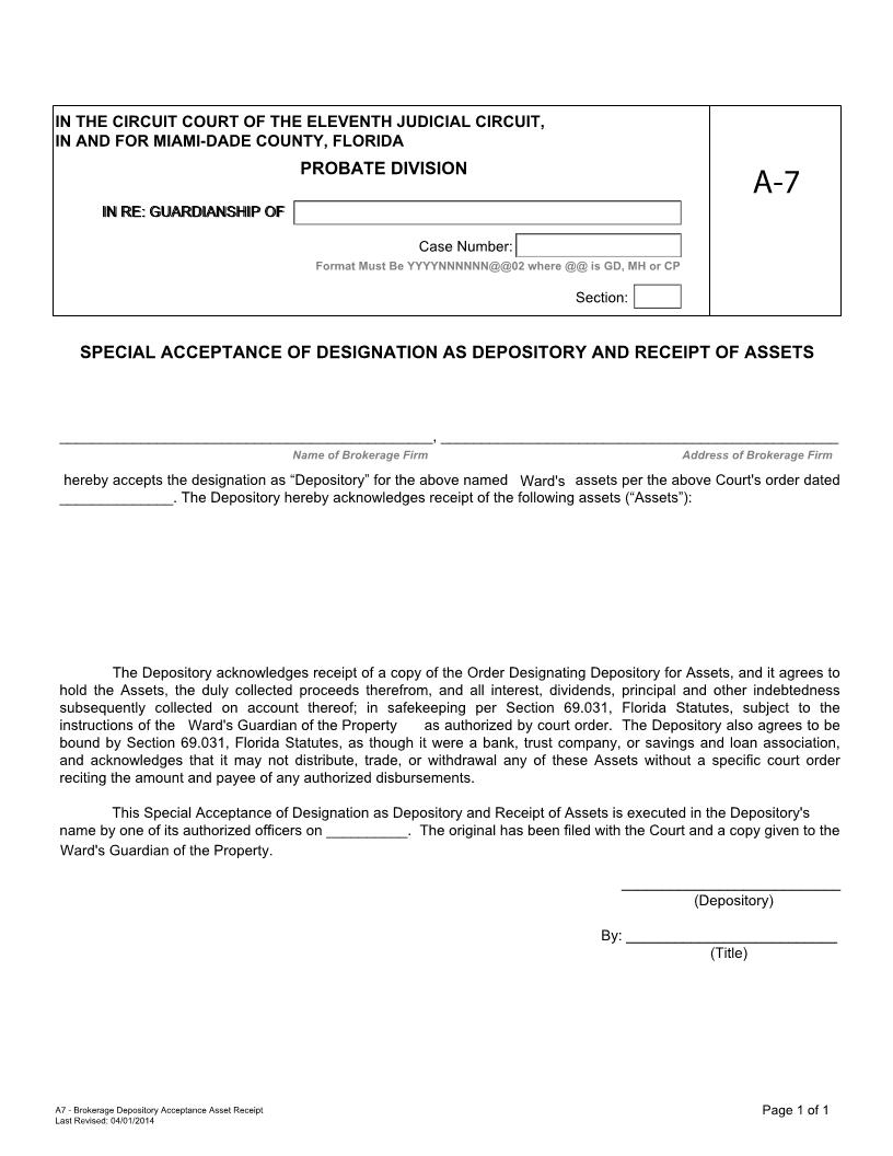 Special Acceptance Of Designation As Depository (Brokerage) Receipt Of Assets {A-7} | Pdf Fpdf Docx | Florida