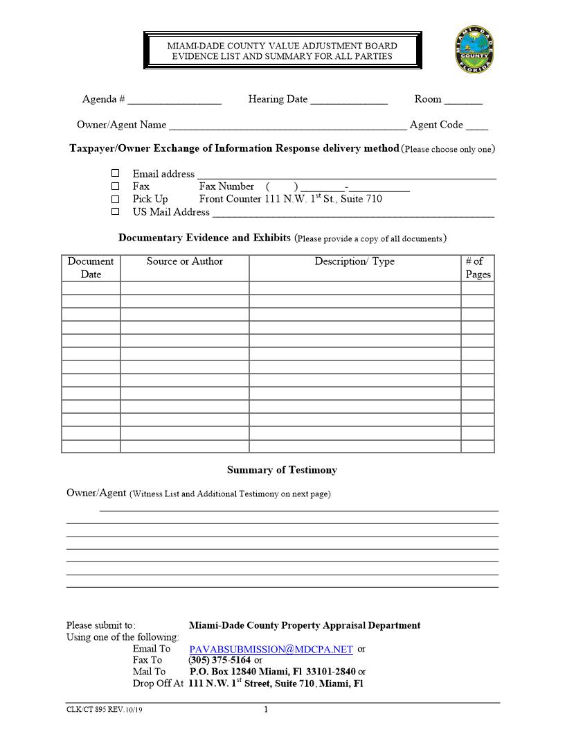 Evidence List And Summary For All Parties {895} | Pdf Fpdf Doc Docx | Florida