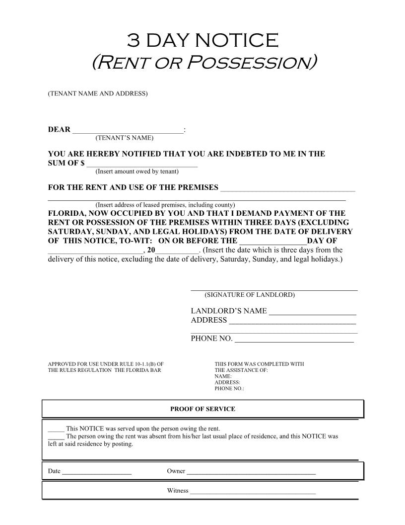 3 Day Notice (Rent Or Possession) | Pdf Fpdf Doc Docx | Florida
