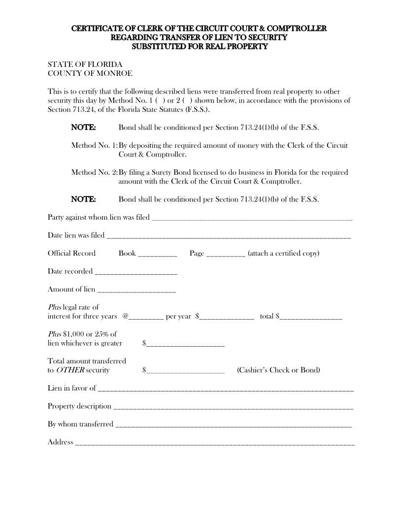 Certificate Of Clerk And Comptroller Regarding Transfer Of Lien To Security | Pdf Fpdf Docx | Florida