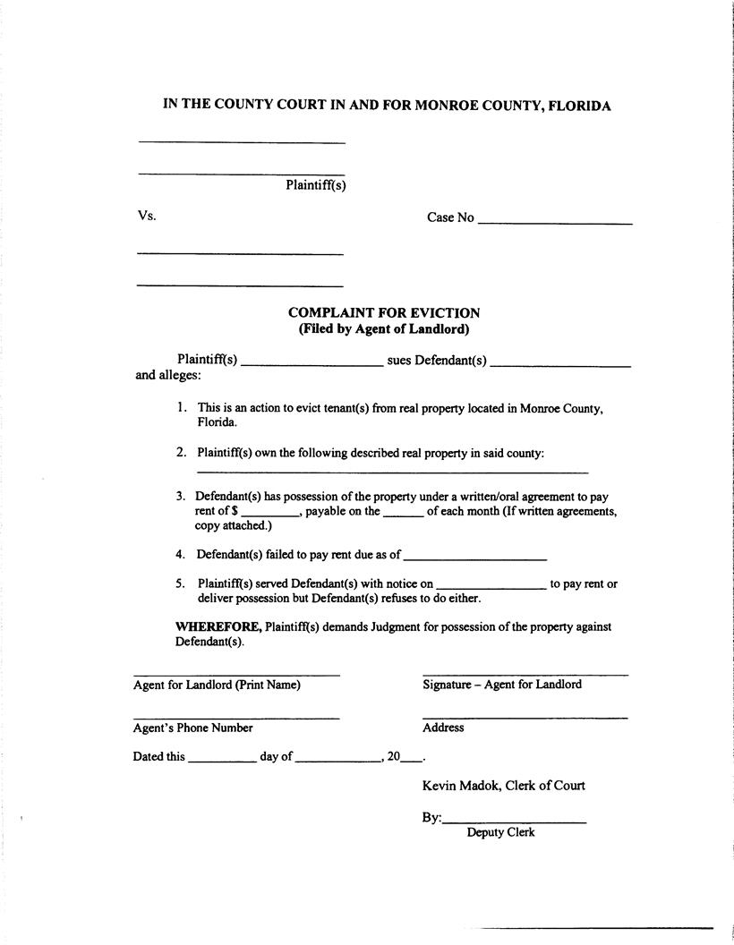 Complaint For Eviction (Filed By Agent Of Landlord) | Pdf Fpdf Docx | Florida
