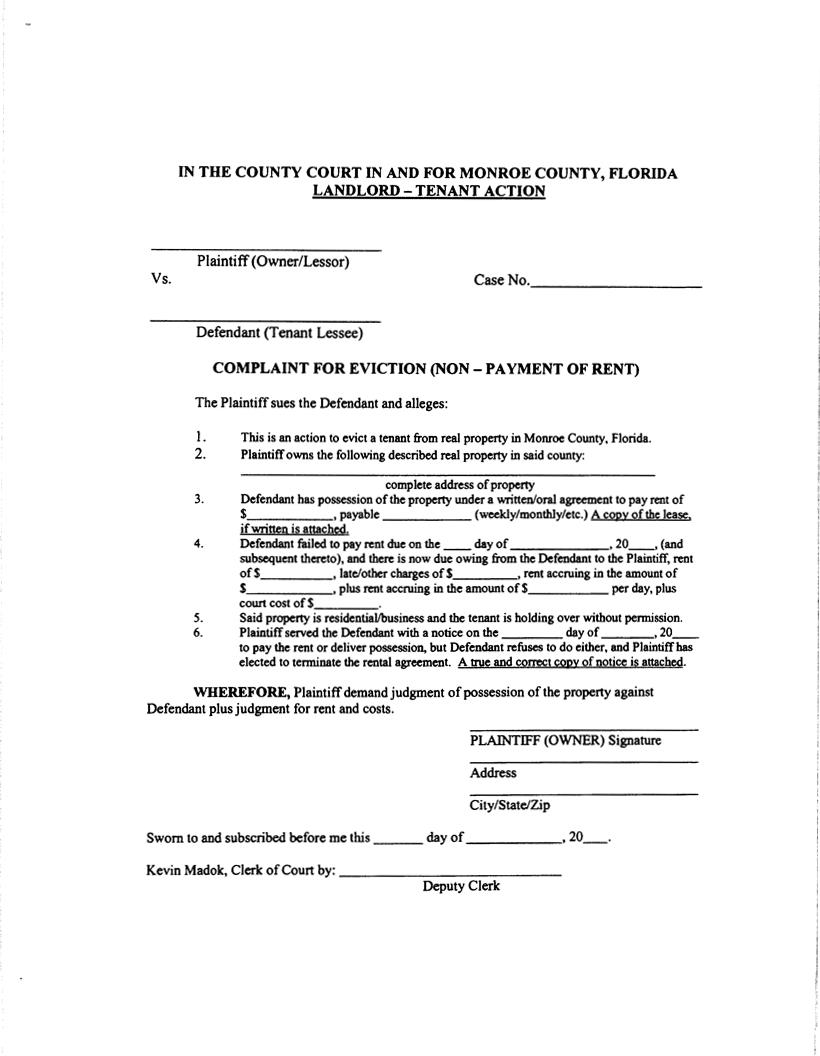 Complaint For Eviction (Non-Payment Of Rent) | Pdf Fpdf Docx | Florida