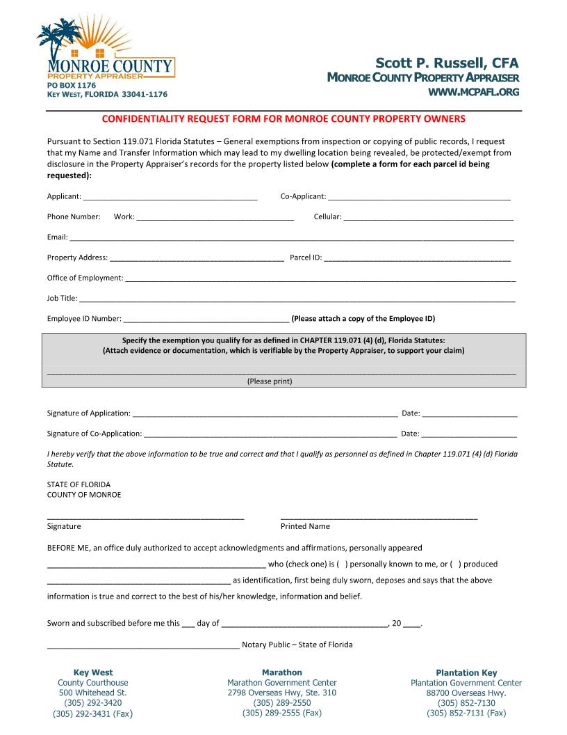 Confidentiality Request Form For Monroe County Property Owners | Pdf Fpdf Docx | Florida