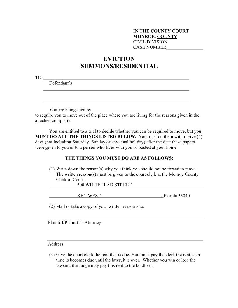 Eviction Summons-Residential | Pdf Fpdf Doc Docx | Florida