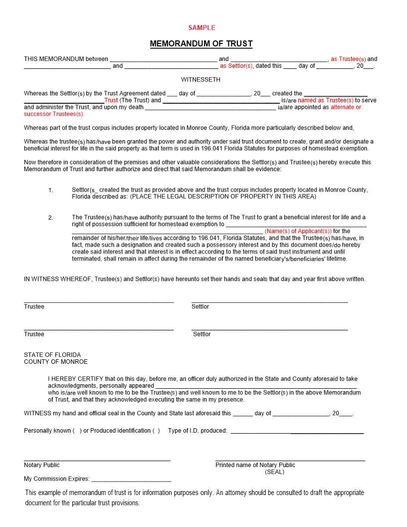 Memorandum Of Trust | Pdf Fpdf Docx | Florida