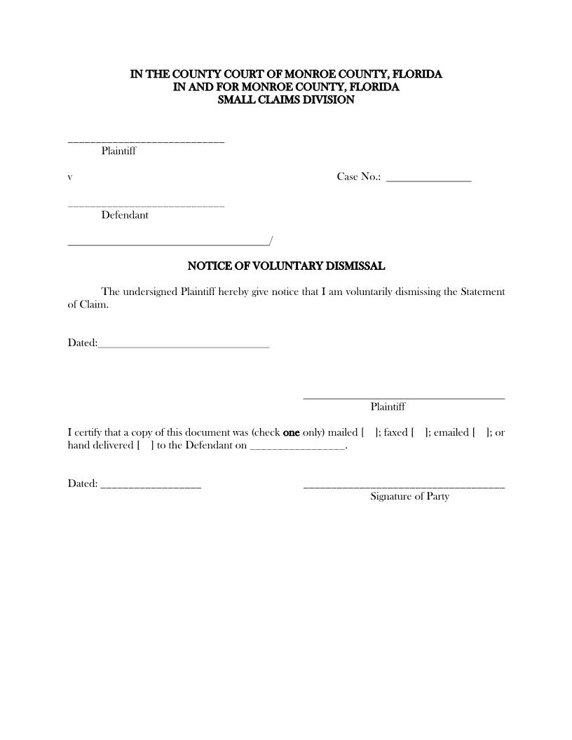 Notice Of Voluntary Dismissal (Small Claims) | Pdf Fpdf Docx | Florida
