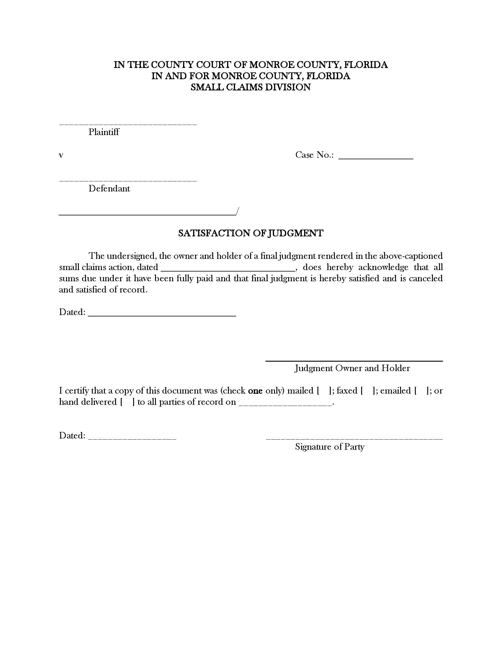 Satisfaction Of Judgment (Small Claims) | Pdf Fpdf Docx | Florida