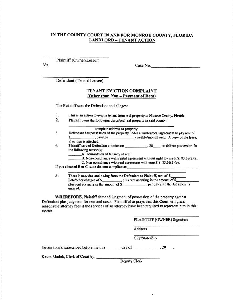 Tenant Eviction Complaint (Other Than Non-Payment Of Rent) | Pdf Fpdf Docx | Florida