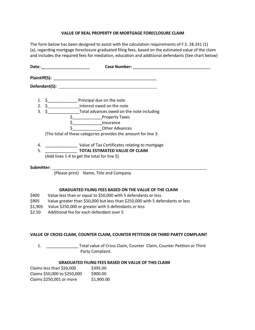 Value Of Real Property Or Mortgage Foreclosure Claim | Pdf Fpdf Docx | Florida