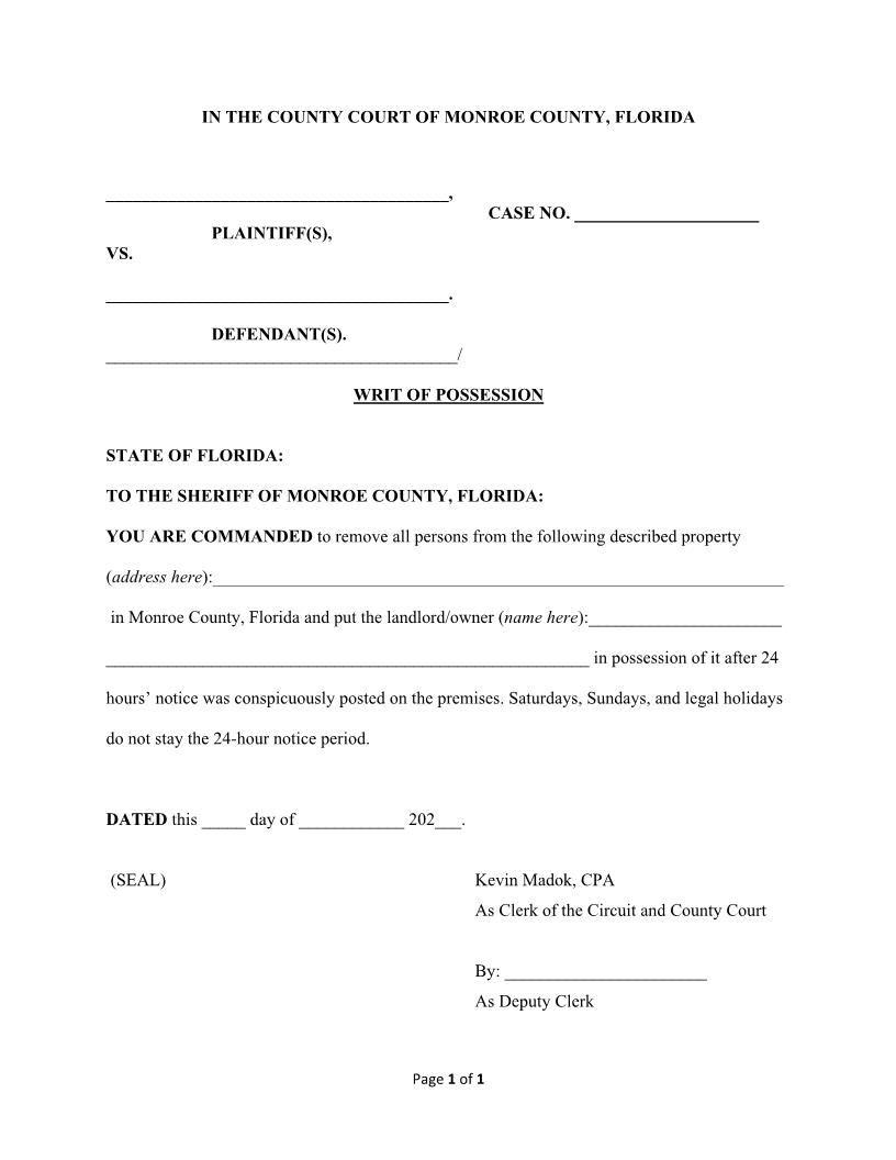 Writ Of Possession | Pdf Fpdf Doc Docx | Florida