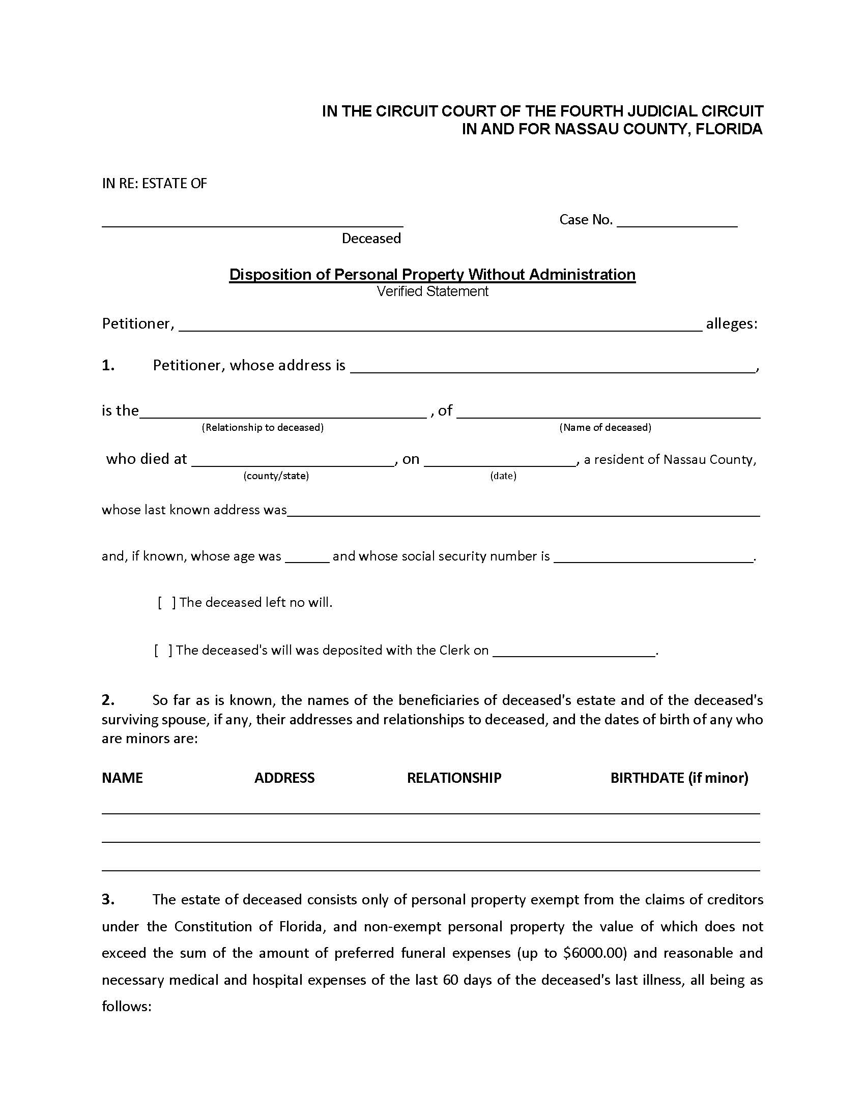 Disposition Of Personal Property Without Administration (With Instructions) | Pdf Fpdf Doc Docx | Florida
