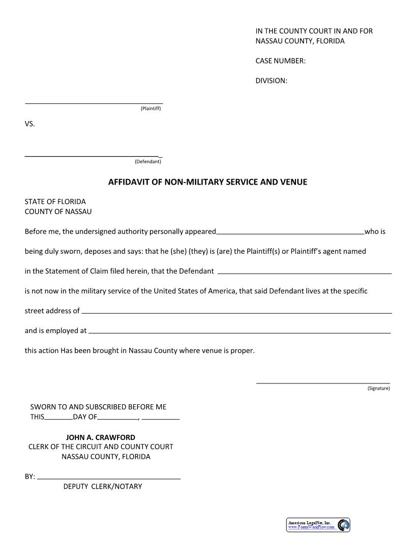 Affidavit Of Non-Military Service And Venue | Pdf Fpdf Docx | Florida
