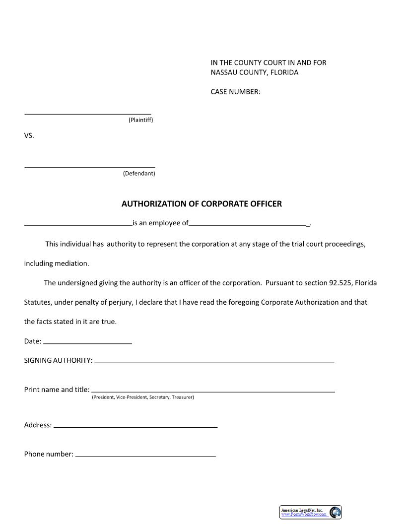 Authorization Of Corporate Officer | Pdf Fpdf Docx | Florida