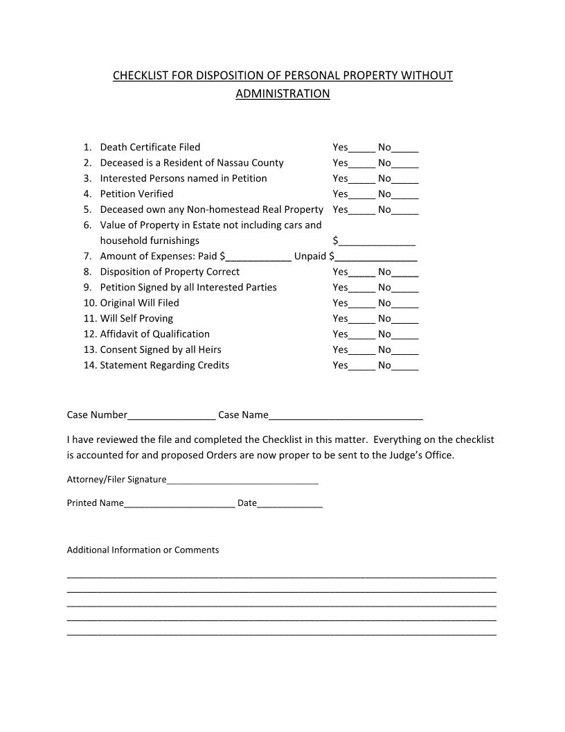 Checklist For Disposition Of Personal Property Without Administration | Pdf Fpdf Docx | Florida