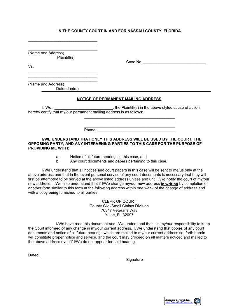 Notice Of Permanent Mailing Address | Pdf Fpdf Docx | Florida