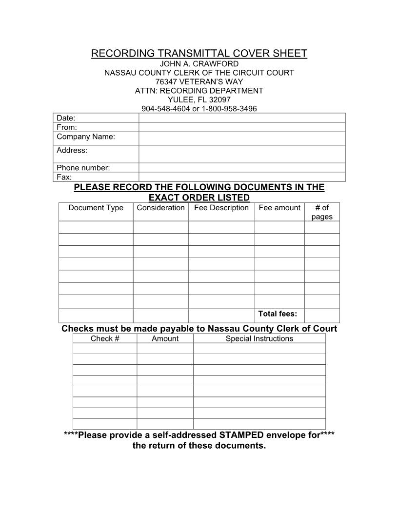 Recording Transmittal Cover Sheet | Pdf Fpdf Docx | Florida