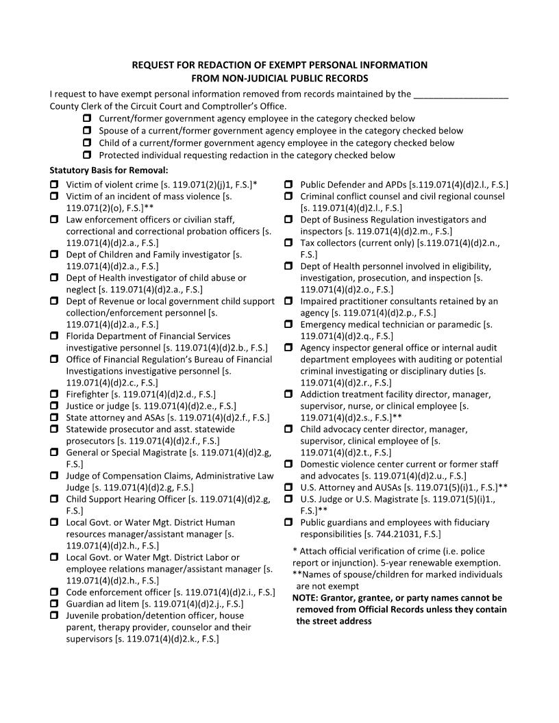 Request For Redaction Of Exempt Personal Information Non-Judicial Records | Pdf Fpdf Docx | Florida