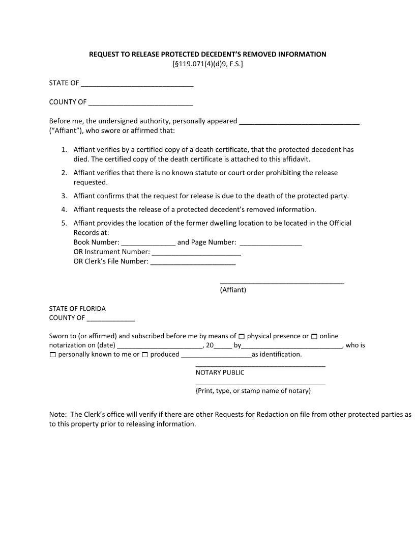 Request To Release Protected Decedents Removed Information | Pdf Fpdf Docx | Florida