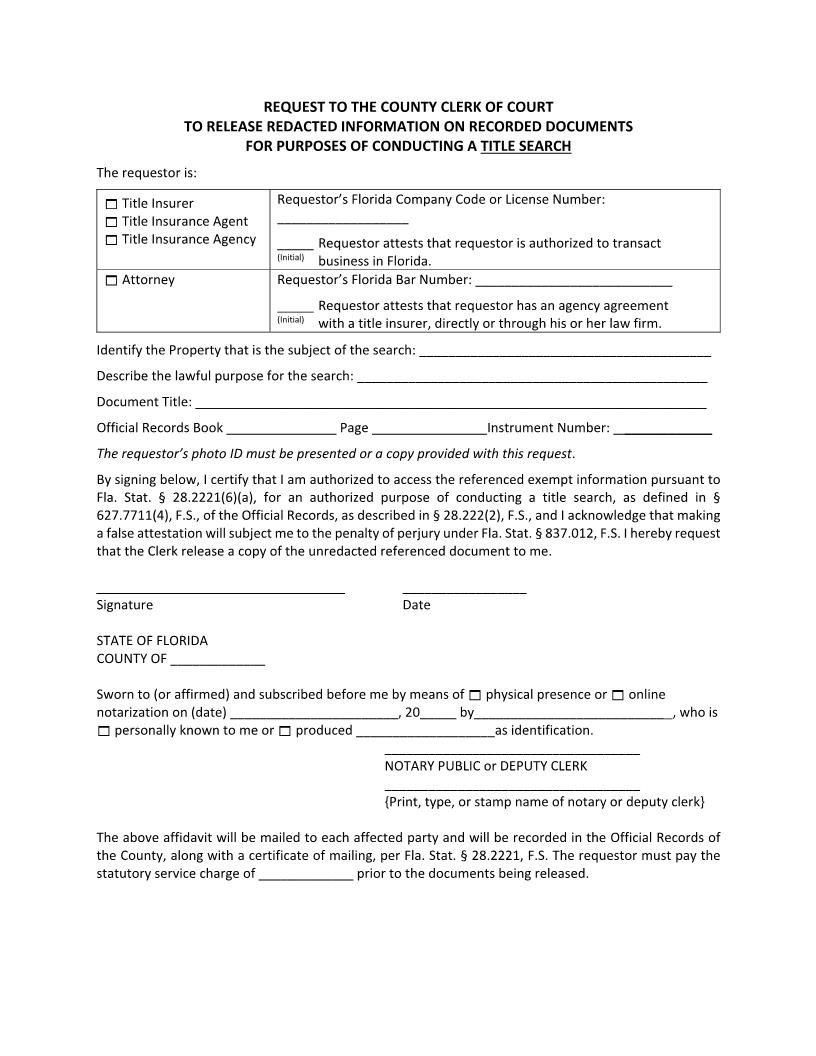 Request To Release Redacted Information On Recorded Documents For Title Search | Pdf Fpdf Docx | Florida