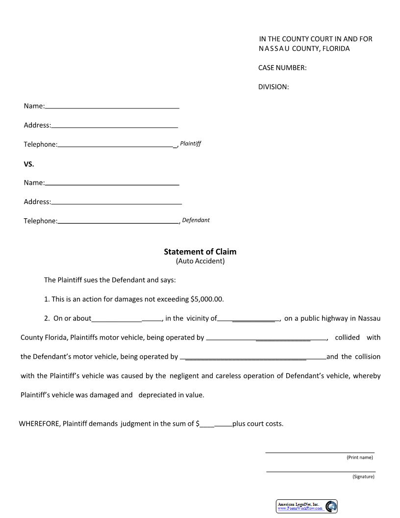 Statement Of Claim (Auto Accident) | Pdf Fpdf Docx | Florida