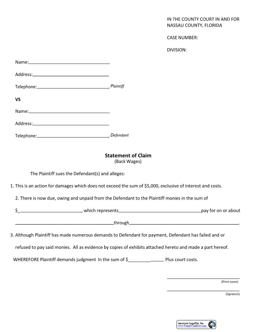 Statement Of Claim (Back Wages) | Pdf Fpdf Docx | Florida