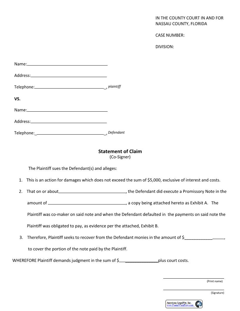 Statement Of Claim (Co-Signer) | Pdf Fpdf Docx | Florida