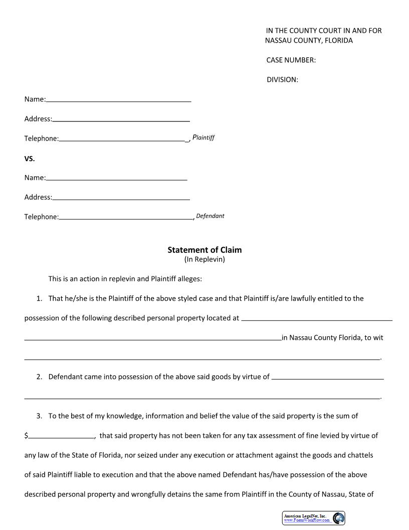 Statement Of Claim (In Replevin) | Pdf Fpdf Docx | Florida