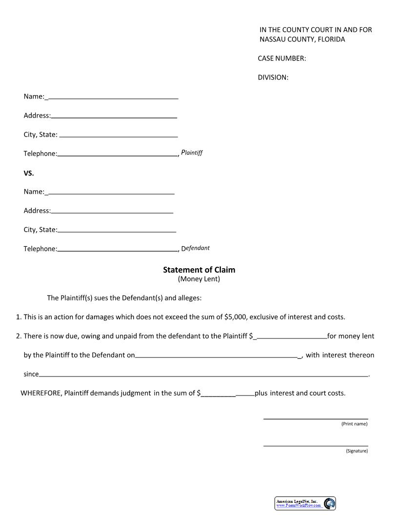 Statement Of Claim (Money Lent) | Pdf Fpdf Docx | Florida