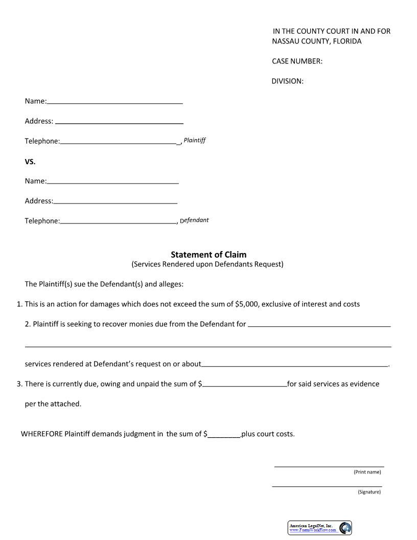 Statement Of Claim (Services Rendered Upon Defendants Request) | Pdf Fpdf Docx | Florida