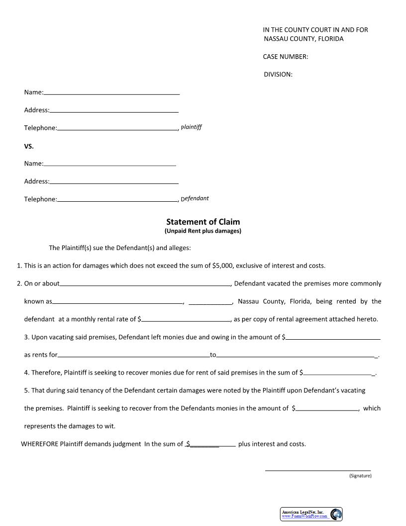 Statement Of Claim (Unpaid Rent Plus Damages) | Pdf Fpdf Docx | Florida