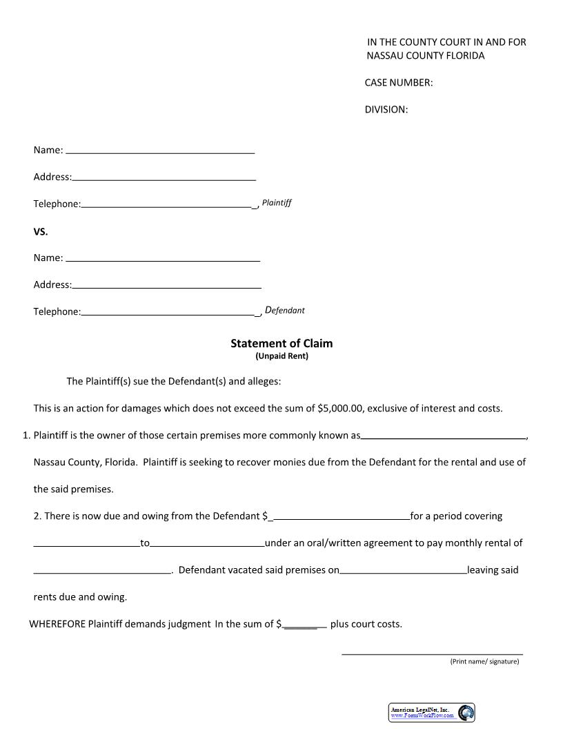 Statement Of Claim (Unpaid Rent) | Pdf Fpdf Docx | Florida