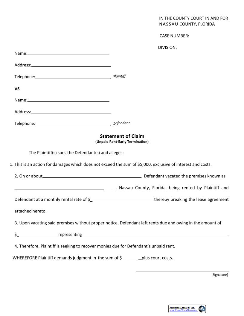 Statement Of Claim (Unpaid Rent-Early Termination) | Pdf Fpdf Docx | Florida
