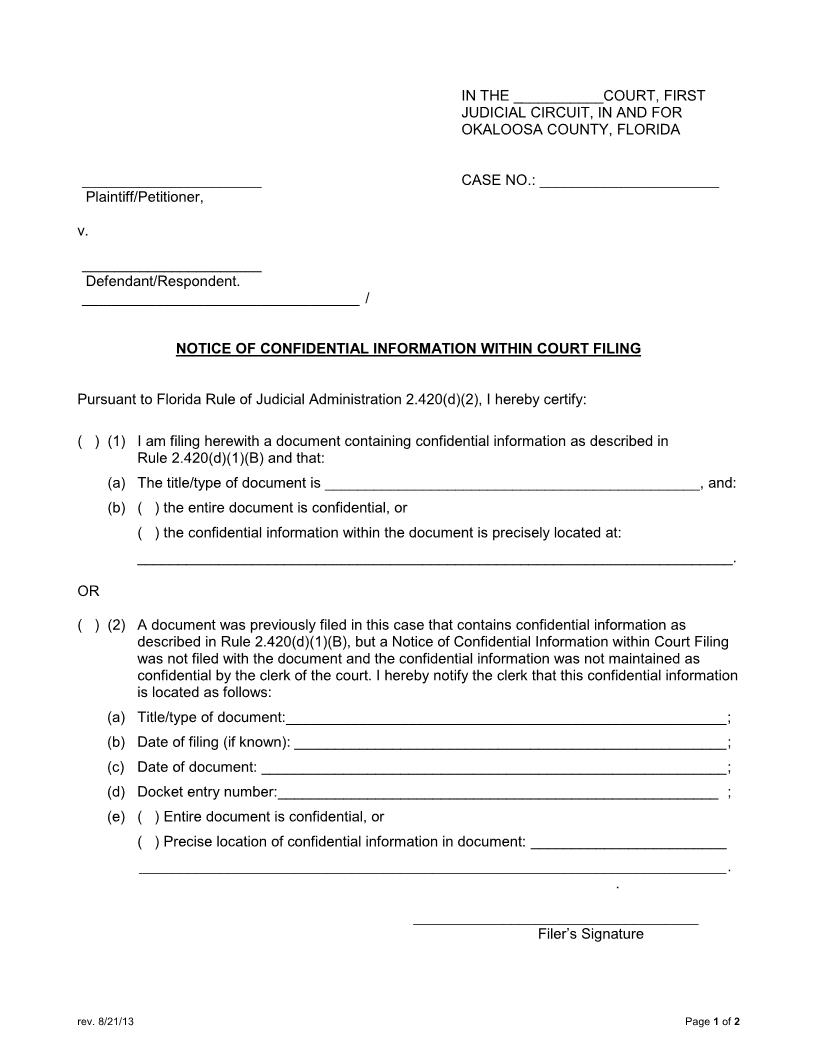 Notice Of Confidential Information Within Court Filing | Pdf Fpdf Docx | Florida