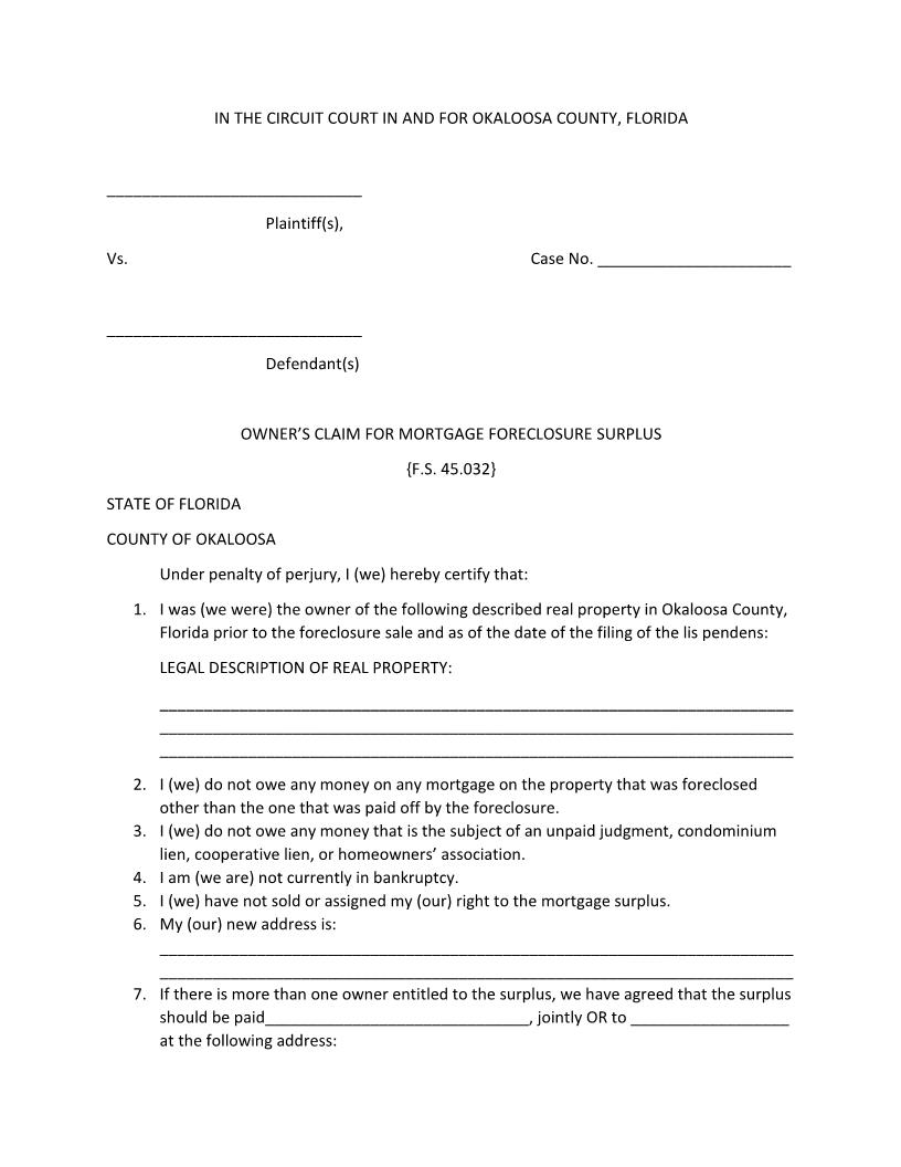 Owners Claim For Mortgage Foreclosure Surplus | Pdf Fpdf Docx | Florida