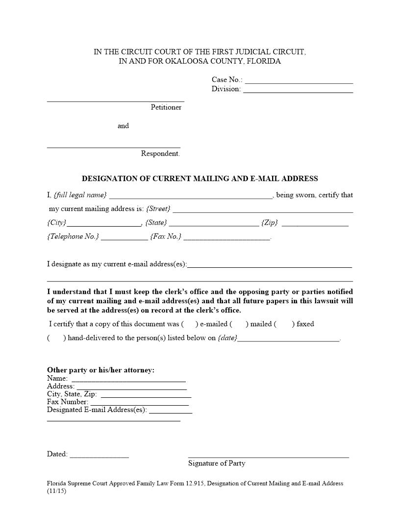 Designation Of Current Mailing (And Email) Address | Pdf Fpdf Docx | Florida
