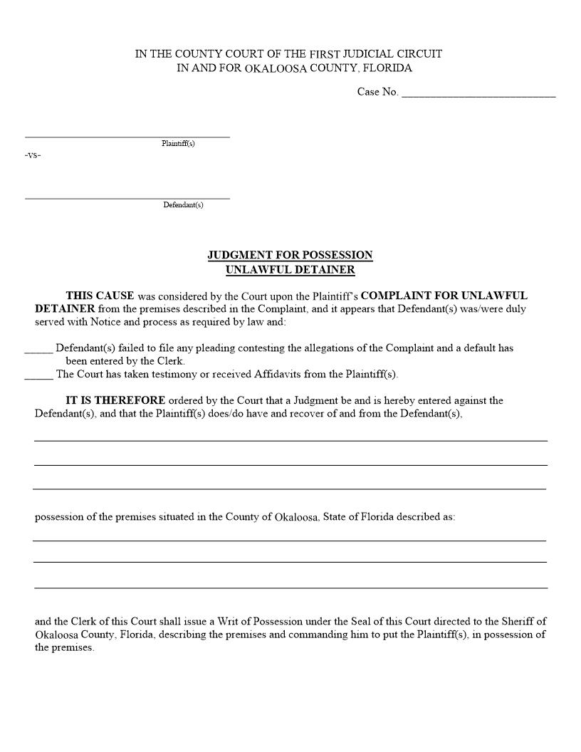 Judgment For Possession Unlawful Detainer (Okaloosa) | Pdf Fpdf Docx | Florida