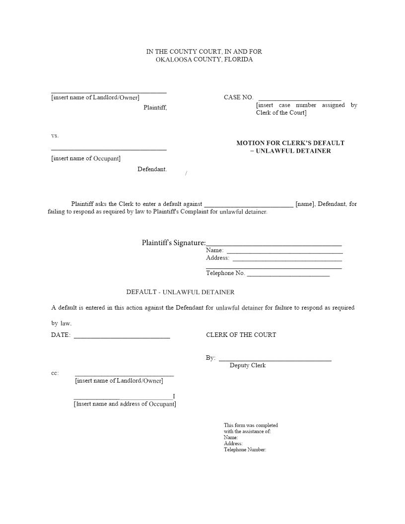 Motion For Clerks Default - Unlawful Detainer | Pdf Fpdf Docx | Florida