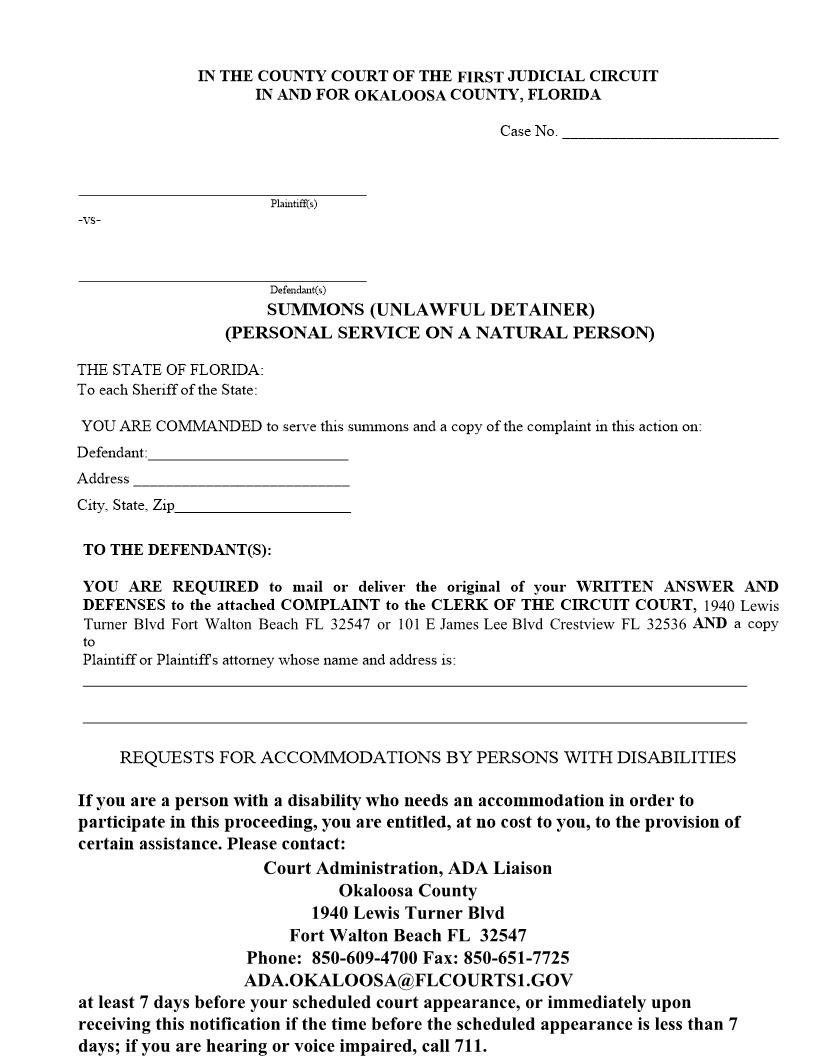 Summons (Unlawful Detainer) (Personal Service On A Natural Person) | Pdf Fpdf Docx | Florida