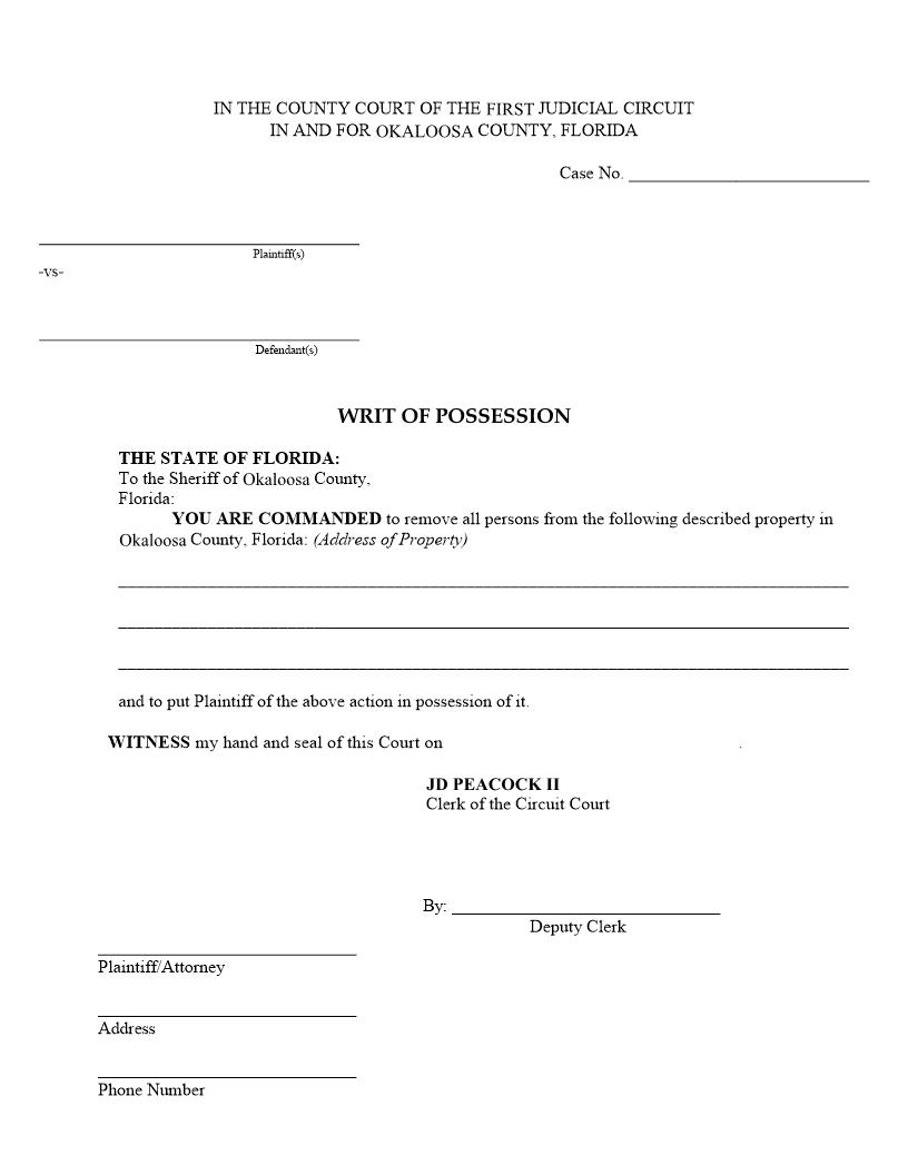 Writ Of Possession | Pdf Fpdf Docx | Florida