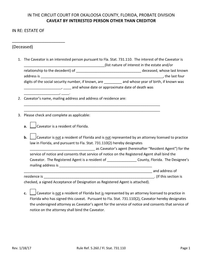 Caveat By Interested Person Other Than Creditor | Pdf Fpdf Docx | Florida