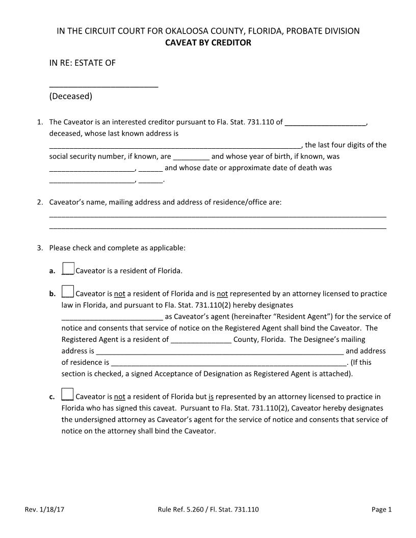 Caveat by Creditor | Pdf Fpdf Docx | Florida