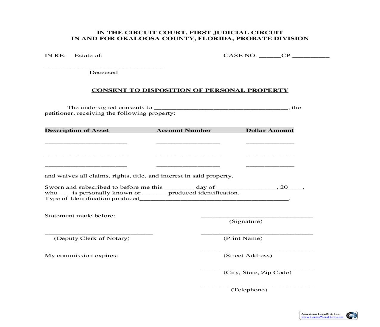 Consent To Disposision Of Personal Property | Pdf Fpdf Doc Docx | Florida