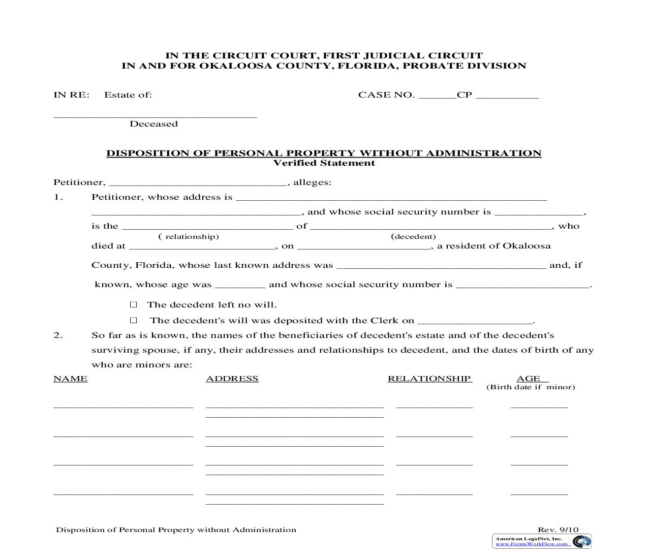 Disposition Of Personal Property Without Administration Verified Statement | Pdf Fpdf Doc Docx | Florida