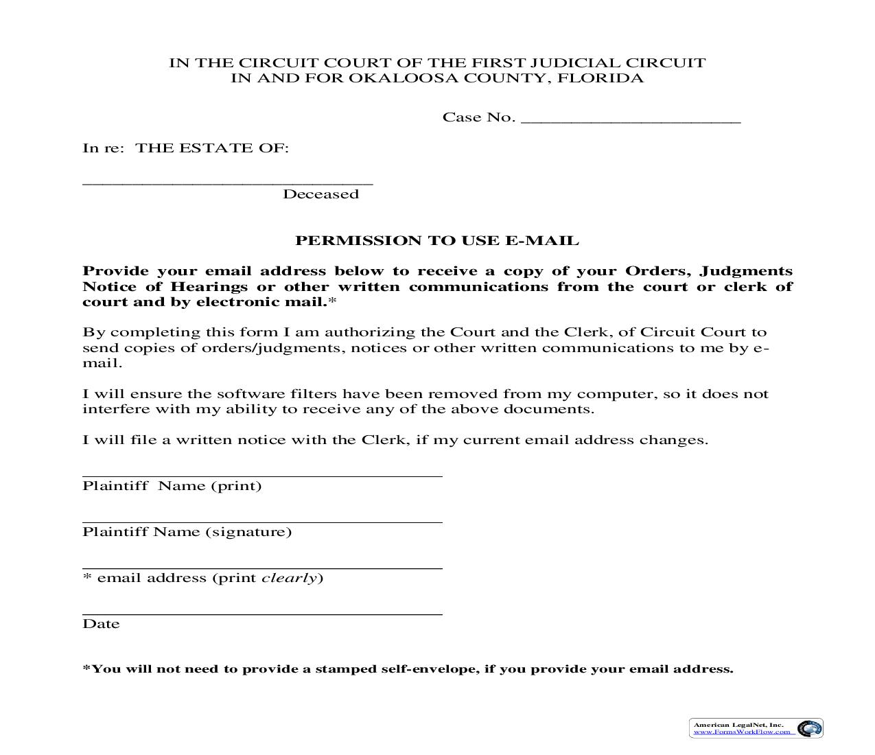 Permission To Use E-Mail (Probate) | Pdf Fpdf Doc Docx | Florida