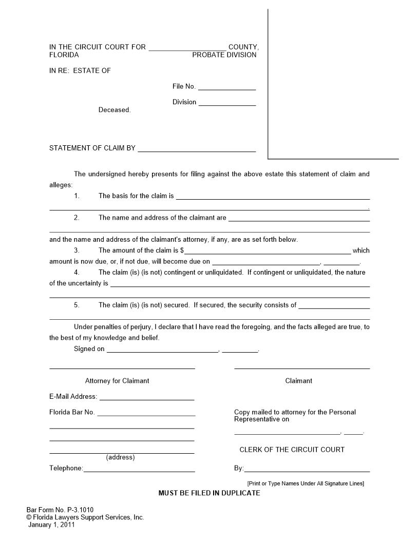 Statement Of Claim (Probate) | Pdf Fpdf Docx | Florida
