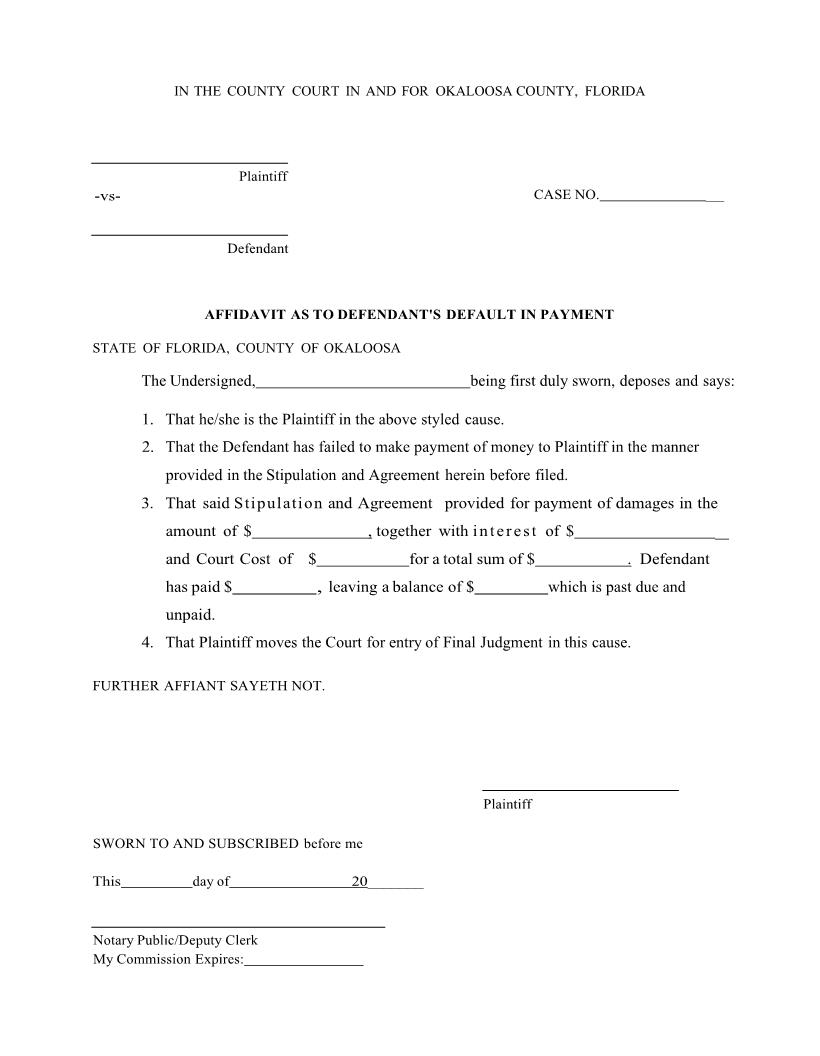 Affidavit As To Defendants Default In Payment | Pdf Fpdf Docx | Florida